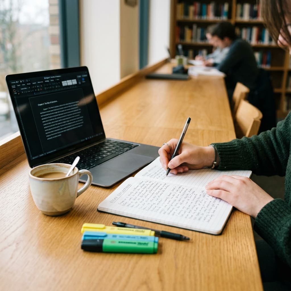 Overhead view of an IELTS learner revising a marked essay draft
