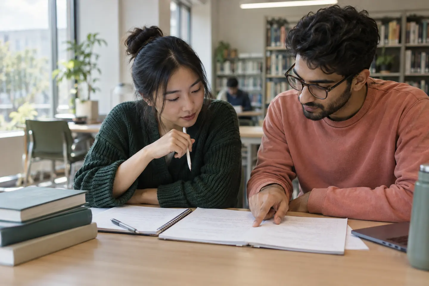 Two adult learners discussing revisions to an IELTS essay