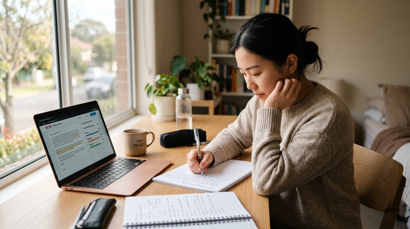 Student writing an IELTS essay at a clean desk with laptop showing band score feedback