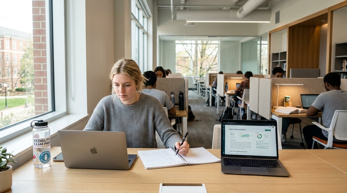 Student at an exam preparation desk with essay evaluation dashboard on screen