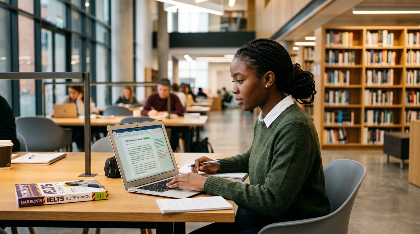 Student reviewing IELTS writing feedback on laptop in a modern university library