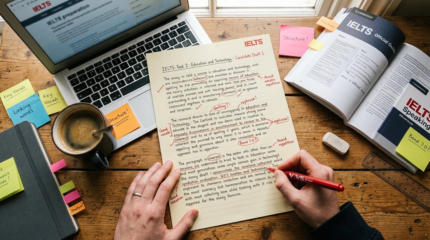 Overhead view of IELTS essay draft with red pen corrections and study materials