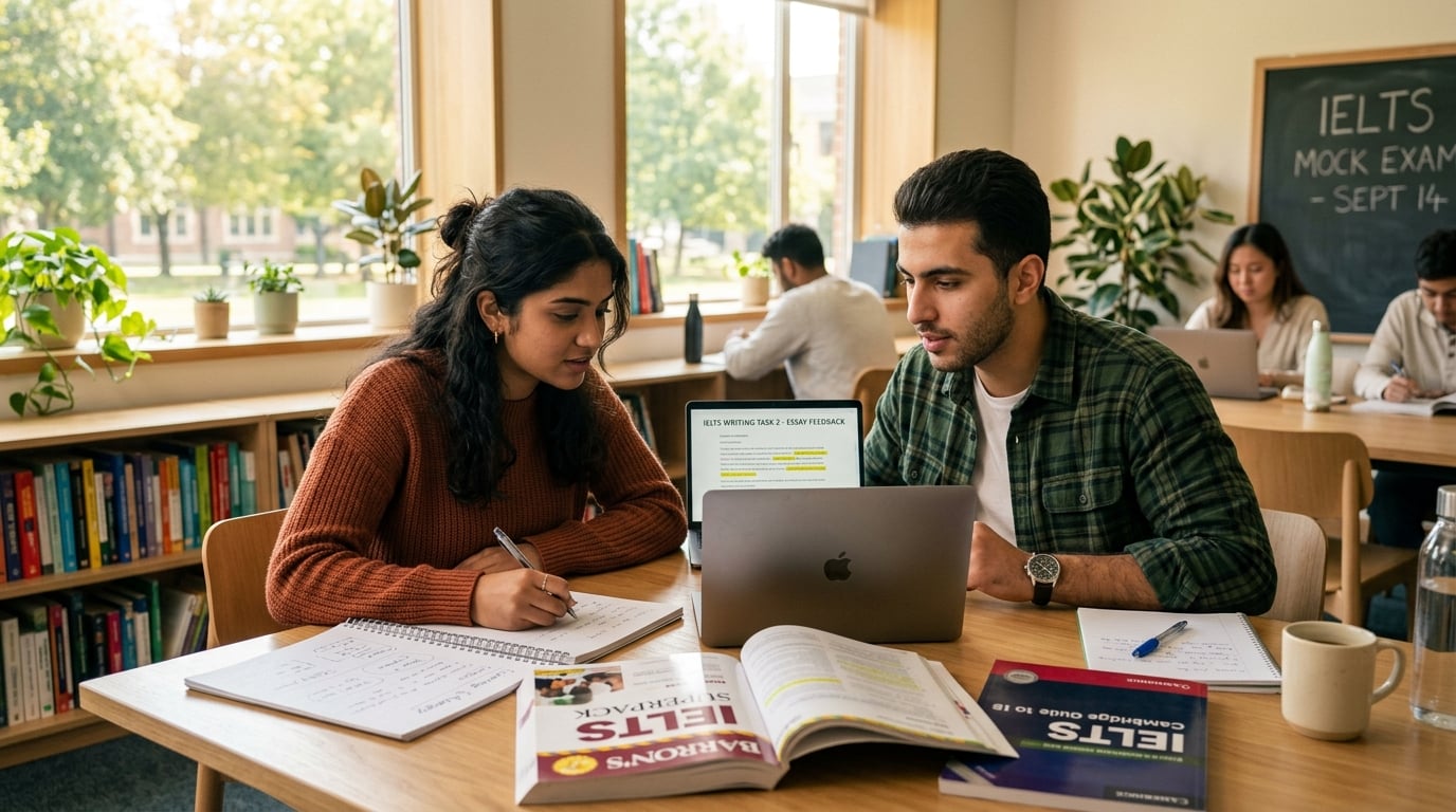 Diverse international students studying for IELTS together in a bright modern study room